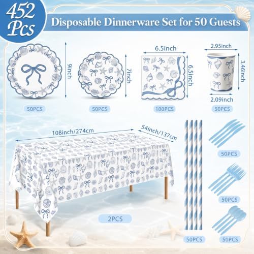 Ceenna 452 Pcs Blue Bow Seashell Plates Napkins Cups Party Supplies for 50 - Image 3