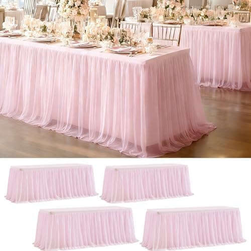 4 Pack Pink Tablecloth for 6 Foot Rectangle Tables with Tulle Table Skirt by PartyTalk