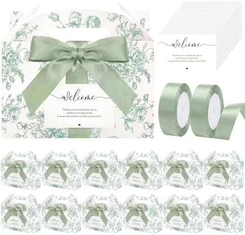 24 Set Green Floral Wedding Welcome Box with Ribbon, Label 9x6x6'' by Unknown