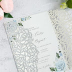 ponatia 25PCS Silver Glitter Wedding Invitations Cards Laser Cut Hollow Rose With Burgundy Ribbon For Bridal Shower Engagement Birthday Graduation Invite - Image 5