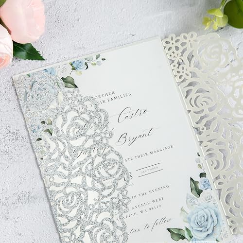 ponatia 25PCS Silver Glitter Wedding Invitations Cards Laser Cut Hollow Rose With Burgundy Ribbon For Bridal Shower Engagement Birthday Graduation Invite - Image 5