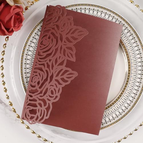 50pcs Tri Fold Wedding invitations Rose Hollow Laser Cut 5x7 '' Burgundy - Image 4