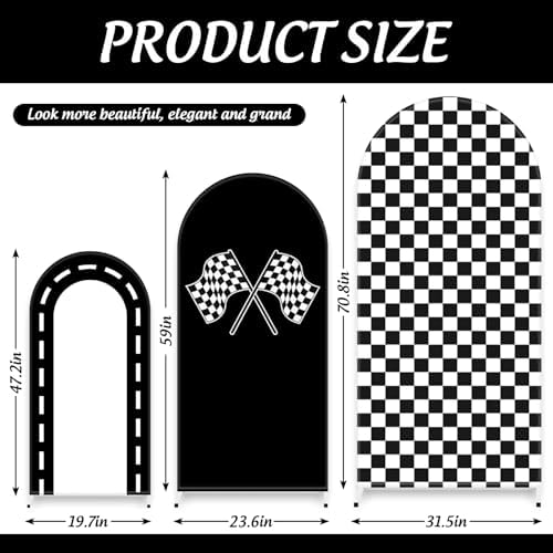 FYSUIMU 3 Pcs Race Car Arch Backdrop Covers Black White Checkered Flag Racing Track Stretchy Spandex Arch Stand Fabric Cover for Racer Birthday Baby Shower Fast Party Decoration (4ft/5ft/6ft) - Image 2