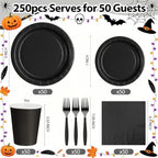 Black Paper Plates and Napkins Party Supplies Include Black Party Plates Napkins Cups Forks Disposable Dinnerware Set for Halloween, Graduations, Retirement, Birthday, Serves 50 - Image 2