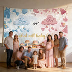 What Will Baby Be? Gender Reveal Backdrop Size 10x8 Ft Pink & Blue Clouds Design Boy or Girl Party Banner, Durable Polyester Photo Booth Background for Baby Shower Decorations - Image 2