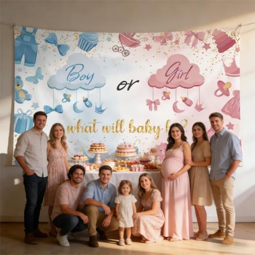 What Will Baby Be? Gender Reveal Backdrop Size 10x8 Ft Pink & Blue Clouds Design Boy or Girl Party Banner, Durable Polyester Photo Booth Background for Baby Shower Decorations - Image 2