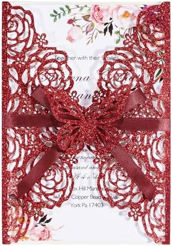 Burgundy Wedding Invitation Laser Cut Invitation Sleeve Personalized Cards by Maffily