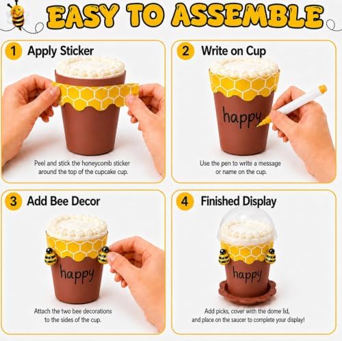 50Sets Bee Honey Jars Party Favors Bulk, Mini Plastic Bee Theme Honey Jar Pots Decoration with Spoon, Trays, 3D Stickers, And Markers for DIY Cupcake Dessert Baby Shower Wedding Party Gift Set - Image 4