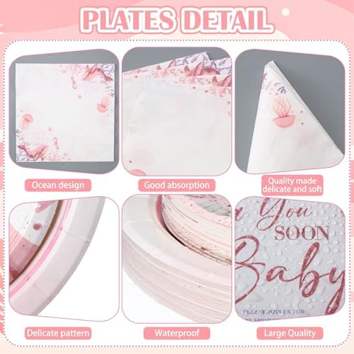 LemonRoad 175 Pcs Pink Sea You Soon Baby Shower Party Supplies Set Under The Sea Party Including Disposable Paper Plates Napkins Cups Spoons Forks Suitable for Beach Weddings Bachelorette - Image 3