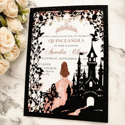 20PCS Castle Pocket Invitations, Quinceanera Invitations with Envelopes, Princess Invitation, Laser Cut quince invites (glitter black) - Image 6