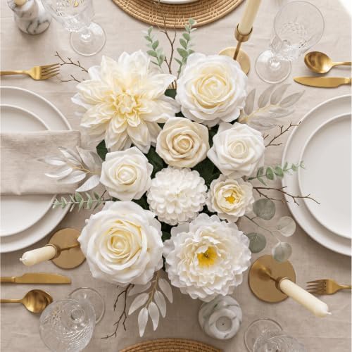 Artificial Flower Combo Box, Milk White Roses & Dahlias with Stems - Image 7
