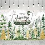 Watercolor Gold Glitter Let The Adventure Begin Backdrop Mountain Pine Tree Wilderness Background Bear Badge Woodland Adventure Baby Shower 1st Birthday Party Photography Booth Banner，A：8X6FT - Image 6
