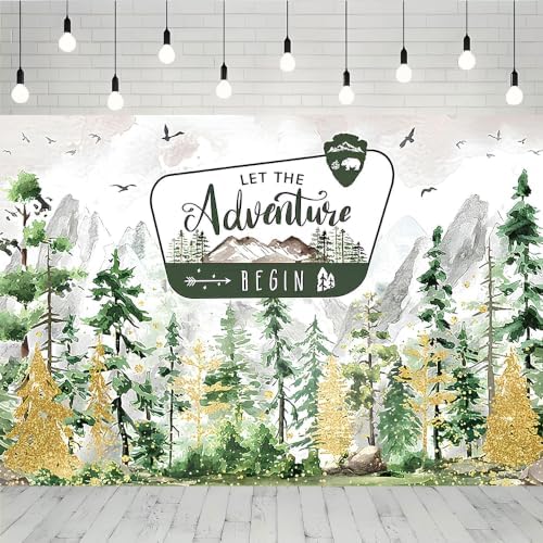 Watercolor Gold Glitter Let The Adventure Begin Backdrop Mountain Pine Tree Wilderness Background Bear Badge Woodland Adventure Baby Shower 1st Birthday Party Photography Booth Banner，A：8X6FT - Image 6