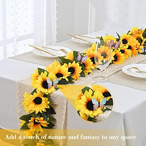 8 Pack Artificial Sunflower Garland Decor, Sunflower Vines Hanging Flowers Garland with Green Leaves, Fake Yellow Floral Vines Room Wedding Party Decoration - Image 2