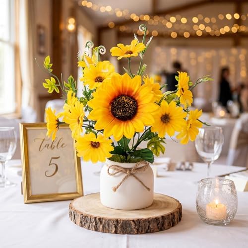 Zeyune Artificial Sunflower Potted Plants Rustic Wedding Table Centerpieces Summer Spring Kitchen Silk Yellow Flower with Plastic Pot for Home Bathroom Office Bridal Shower(12 Pcs,White,Daisy) - Image 5
