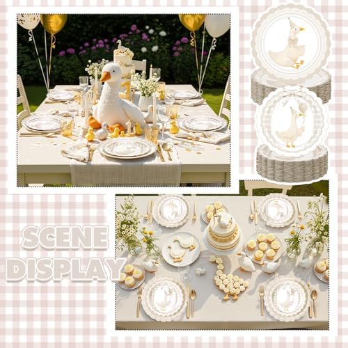 Zhehao 350 Pcs One Silly Goose Birthday Party Tableware Set Beige Bow Scalloped Baby Shower Plates Cup Napkins Forks for Birthday Party Decorations Supplies for 50 Guests - Image 3