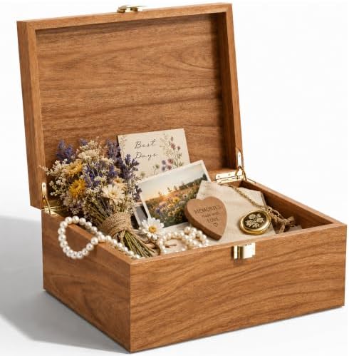 Keepsake Box,Large Acacia Wooden Memory Box Jewelry Box and Photo Storage Box for Wedding Baby Shower Decorative Storage Treasure Boxes with Lids(Brown) - Image 2