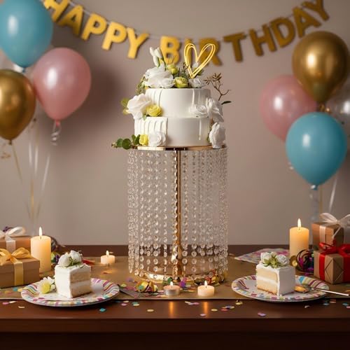 Wedding Cake Stand for Dessert Table 12 Inch Gold Crystal Pendants Metal Cake Stand Serves as A Round Dessert Cupcake Display Plate 16 Inch Tall (Gold) - Image 2