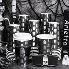 Whaline 50Pcs 16Oz Halloween Disposable Coffee Cups with Lids and Sleeves Spooky Foil Silver Ghost Boo Paper Drinking Cup for Trick or Treat Birthday Party Supplies - Image 4