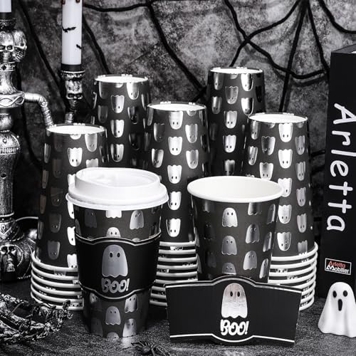 Whaline 50Pcs 16Oz Halloween Disposable Coffee Cups with Lids and Sleeves Spooky Foil Silver Ghost Boo Paper Drinking Cup for Trick or Treat Birthday Party Supplies - Image 4