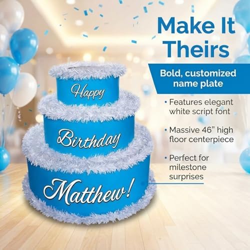 Anderson's Blue & White Personalized Pop-Out Birthday Cake, Life-Size Faux Cake with Script Font, Custom Name, Surprise Reveal Prop for Milestone Parties, Photo Ops, Store or Business Events - Image 2