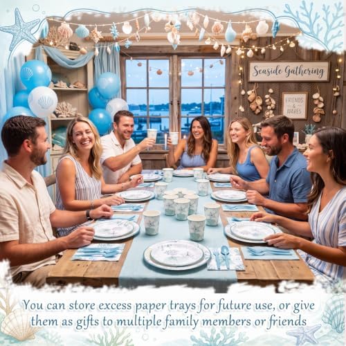 Funnymoom 400 Pcs Ocean Seashell Party Supplies for 50 Guests Blue White Coastal Beach Disposable Plates Napkins Cups Spoons Forks Knives for Summer Wedding Tea Party Bridal Baby Shower - Image 5