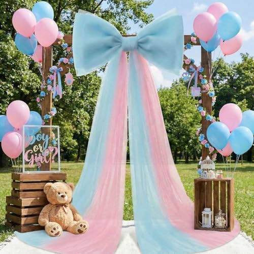 Canlierr Extra Large Pink and Blue Organza Bow Gender Reveal Decorations 39 x 59 Inch Giant Pink Blue Tulle Bow with Tie and Long Ribbon Tails for Wedding Valentines Party Backdrop Room Wall Decor - Image 4