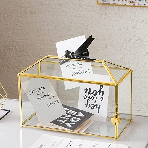 Glass Wedding Card Box with Slot, 12.6 inch Large Clear Card Box Gold Brass Gift Card Storage Box with Lock for Wedding Receptions, Baby Shower, Birthday Party, Bridal Shower by Giadun