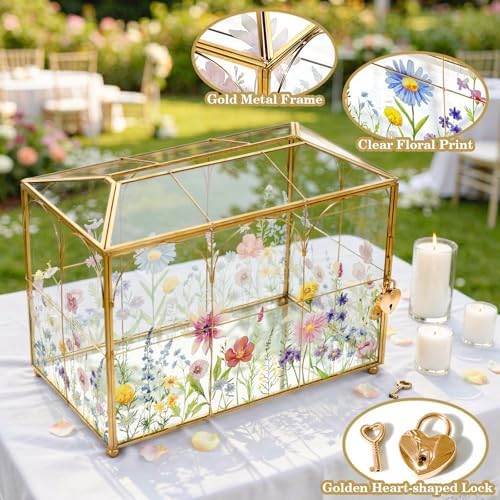 AerWo Glass Wedding Card Box with Lock, Gold Rim Gift Card Box for Wedding with Flower Patterns, Clear Wedding Card Boxes for Reception Memory Money Box for Graduation Baby Shower Birthday Party Decor - Image 3