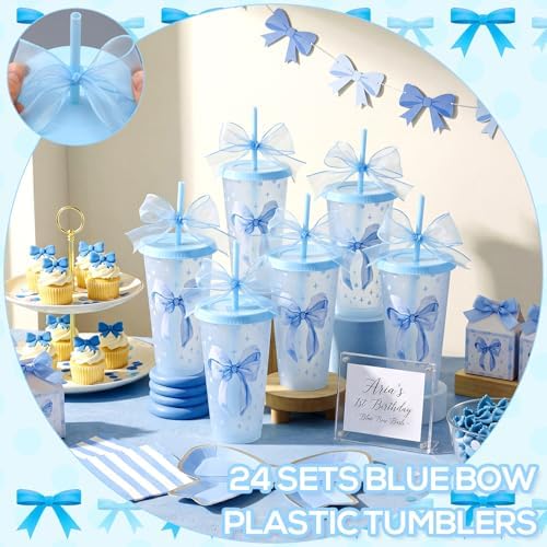 Willinglong 24 Blue Bow Cups with Lid Straw Galentines Party Favor 24 oz - Image 4