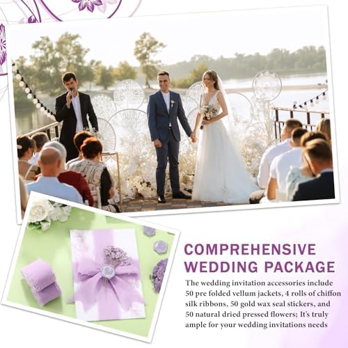 Fullhawl 50 Sets Wedding Invitations Wraps Set Pre Folded Vellum Jackets for 5 x 7 Invitations Dried Flowers Wax Seal Stickers Chiffon Silk Ribbon for Wedding Birthday Bridal Shower Craft DIY (Purple) - Image 5