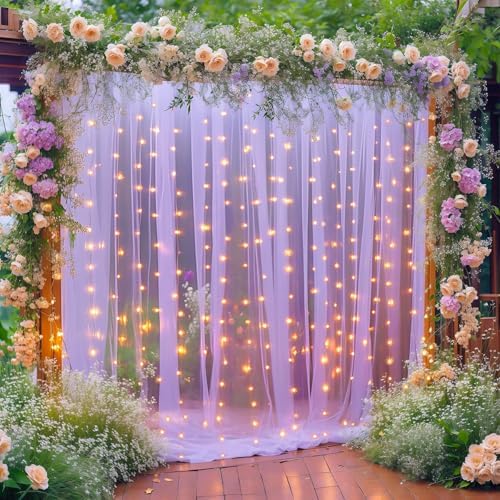10×10ft Purple Tulle Backdrop Curtain with Lights String for Parties, Sheer Photo Curtain Backdrop Drapes for Wedding Party Photography Backgrounds by WishCare