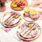 Ziliny 350 Pcs Tea Party Supplies Serves 50 Disposable Floral Paper Plates Napkins Cups Plastic Cutlery Dinnerware Set for Wedding Birthday Baby Shower Tea Party Decoration - Image 5