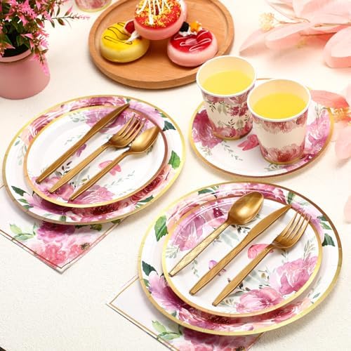 Ziliny 350 Pcs Tea Party Supplies Serves 50 Disposable Floral Paper Plates Napkins Cups Plastic Cutlery Dinnerware Set for Wedding Birthday Baby Shower Tea Party Decoration - Image 5