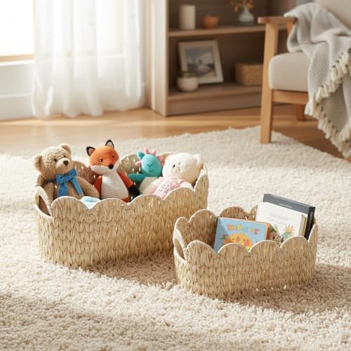 Set of 2 Scalloped Baskets, Small Wicker Baskets for Gifts, Beige - Image 5