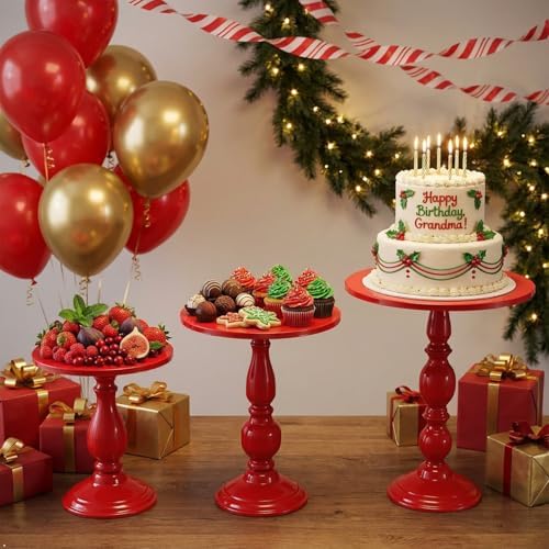 Red 3Pcs Metal Round Vintage Cake Stand Set 8"10"12" Dessert Display - Image 3
