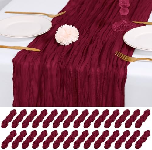 28 Pack Burgundy Cheesecloth Table Runner 17x108 Inch Semi Sheer Boho Gauze Cheese Cloth Fabric Table Runners, for Wedding Party Baby Shower Birthday Home Decor Garden Farmhouse by Unknown