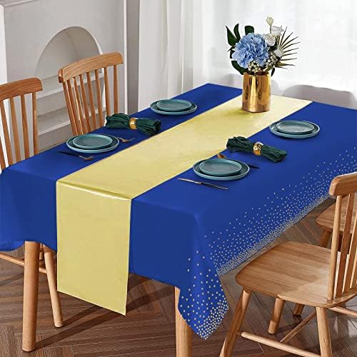 24Pack Disposable Plastic Tablecloths and Satin Table Runner Set Blue and Gold Dot Tablecloth Gold Satin Table Runner for Wedding Birthday Baby Shower Anniversary Christmas New Year Party Decorations - Image 4