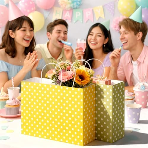 Gueevin 48 Piece Large Pastel Gift Bags with Handle 12.5 x 10 x 4.5 Inch Paper Polka Dot Pink Yellow Green Candy Treat Goodie Bags for Birthday Baby Shower Wedding Party Favors - Image 2
