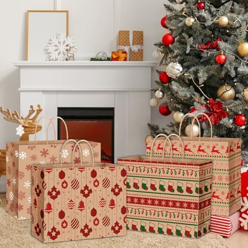 Gueevin 24 Piece Large Christmas Kraft Gift Bags with Handle 12.5 x 10 x 4.5 Inch Xmas Holiday Paper Treat Candy Goodie Bags with Snowflake Elk Socks Patterns for Christmas Party Favor Present Giving - Image 6