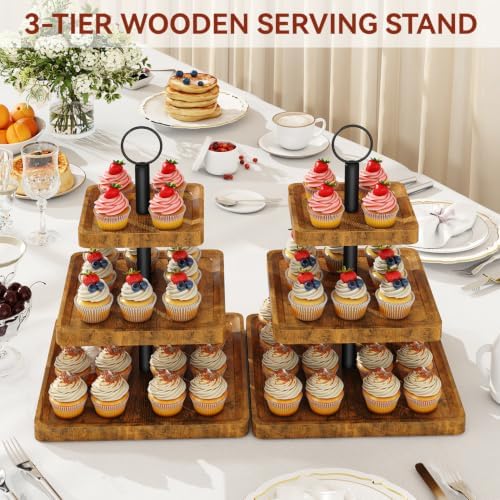 IBUYKE 3 Tier Square Cupcake Stand, Set of 2,Rustuc Brown TLJ030H-2 - Image 3