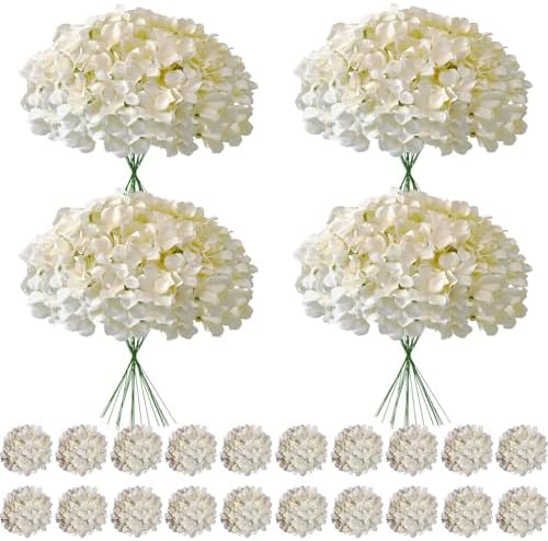 100 Pcs Faux Champagne Hydrangea Artificial Flowers Bulk, Fake Silk Hydrangea Flowers Heads with Stems for Wedding Decorations Garden Party Baby Shower Porch Home Decor Table Centerpieces by Cherica