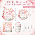 FillTouch 350 Pcs Baby in Bloom Baby Shower Party Plates Napkins a Sweet Is on The Way Paper Cups with Clear Knives Fork Spoon for Pink Bow Flower Disposable Birthday Tableware for 50 Guests - Image 2