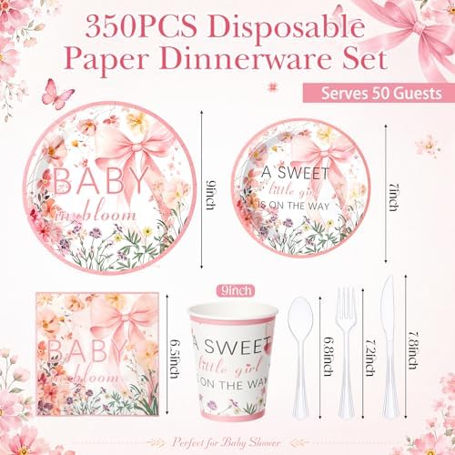 FillTouch 350 Pcs Baby in Bloom Baby Shower Party Plates Napkins a Sweet Is on The Way Paper Cups with Clear Knives Fork Spoon for Pink Bow Flower Disposable Birthday Tableware for 50 Guests - Image 2