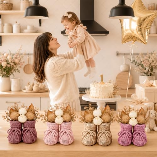 gisgfim 4 Set Baby Shower Centerpieces with 8 Pcs Fabric Flowers Baby Shower Table Decorations Gender Reveal Party Supplies Knitted Infant Booties Bulk for Boy Girl Birthday Newbron Party Decoration - Image 6