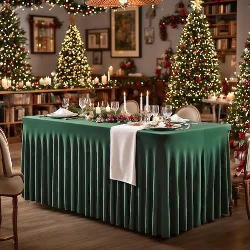 Wish Care 6 Pack Hunter Green Stretch Spandex Table Clothes for 4 Foot Rectangle Tables, 4FT Wrinkle Free Fitted Tablecloths Ruffles Design Table Cover for Party, Banquet, Wedding and Events - Image 3