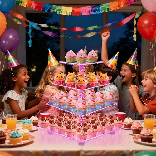 YestBuy Acrylic Cupcake Stand for 50 Cupcakes, 4 Tier Cupcakes Tower Stand with Pink LED Lights and 4.7" Clear Tiers, Perfect for Birthday, Baby Shower, Wedding and Candy Bar - Image 3