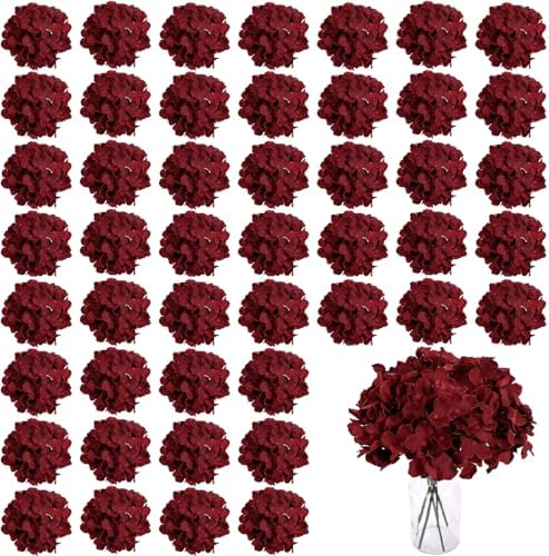 WEISPARK 100PCS Burgundy Artificial Hydrangea Flowers, Fake Flowers Silk Hydrangea Full Flowers Heads with Stems for Wedding Home Party Shop Baby Shower Decor (Burgundy) by WEISPARK