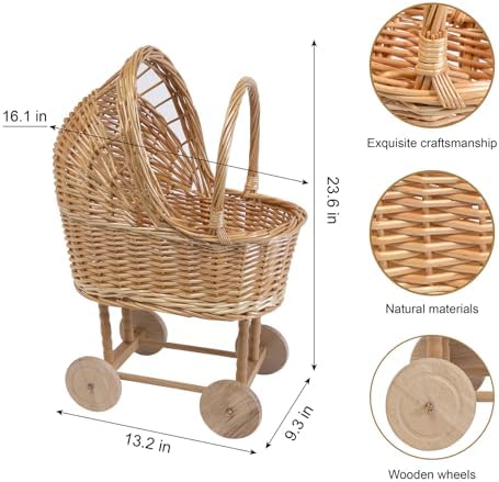 Vintage Woven Rattan Baby Carriage Basket – Handcrafted Wicker Stroller for Baby Shower, Flower Girl Basket, Baby Things, Rustic Home Decor, Photography Props, Floral Arrangements (Large) - Image 5