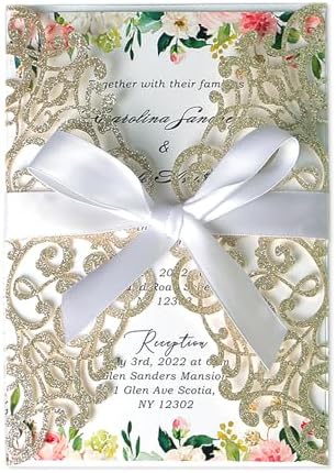ponatia 25PCS 5.12 x 7.1 '' Champagne Glitter Laser Cut Wedding Invitations Cards with Envelopes for 5x7 Invitation Cards Wedding Baby Bridal Shower Engagement Sweet 16 Birthday Invite by ponatia